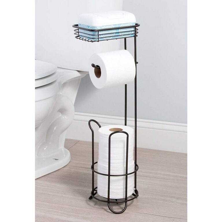 InterDesign Classico Bathroom Free Standing Toilet Roll Stand Holder Plus With Shelf Bronze